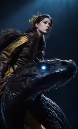 a woman wearing a jacket with the image of a snake wrapped around her arm