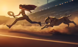 two running woman and cheetah run along a track