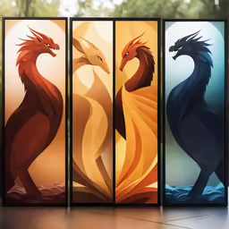 three screen panels depicting different types of animals
