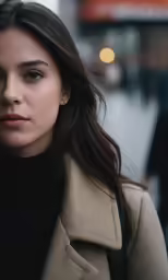 a woman wearing a peal coat looking to the side