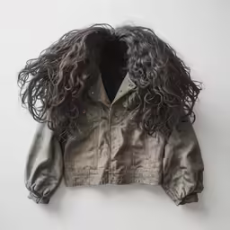 the back of an open jacket with curly hair