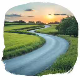 a sunset with a curved road and field on one side