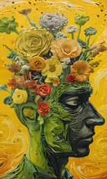 the painting depicts a face with flowers in it