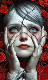 a girl is in red roses with hands up