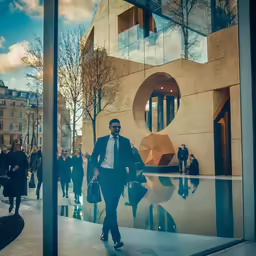 a man walking down the street past an office