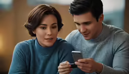 two people looking at something on a cell phone