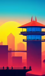 a colorful sunset with people walking by the buildings