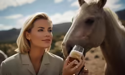 a woman is holding a beer near a horse