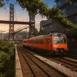 the train is going through the city on the tracks,orange train on tracks near a railway station