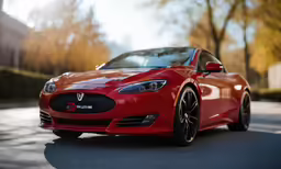 a red car parked in front of some trees