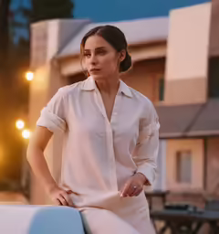 the woman in white dress is leaning on a car