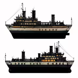 an old steam boat with lights on the sails