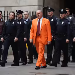 several police officers walking past a man in an orange suit