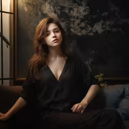 a woman sitting on a couch with a lit up lamp