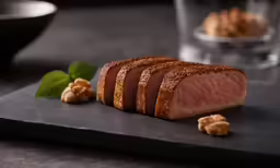a dark tray that has some sliced up meat on it