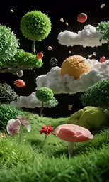 a landscape with flowers, mushrooms and clouds