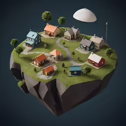 an artistic image of houses and trees on a small island