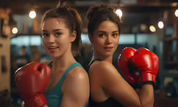 two girls in gym gear posing with boxing gloves