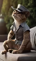 a cat dressed in clothing sitting on a ledge