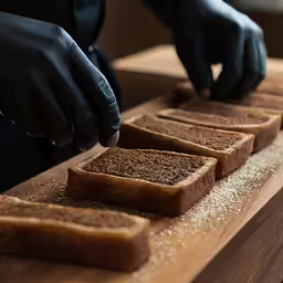 a person in a chef outfit is putting sugar on bread