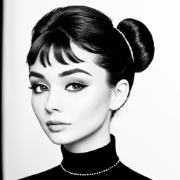 a woman is posing in black and white with pearls on her hair
