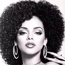 a woman with curly hair and hoop earrings