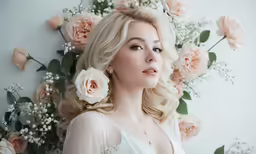 the blonde haired woman is posing in front of flowers