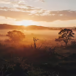 the sun rises above a misty landscape of trees