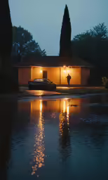 a reflection of a man at night in the wet pavement