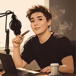 young male sitting at a laptop in an art studio