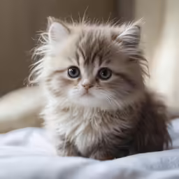 a fluffy little cat with blue eyes is sitting on the bed