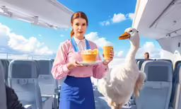 woman standing near an goose holding food on a boat
