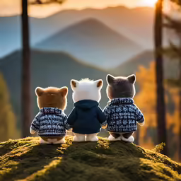 a group of animals sitting on top of a moss covered hillside