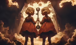two dolls dressed in red with clock in the sky
