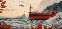the painting shows a boat with sails and two flags on top of it floating above the crashing waves,a painting shows a boat in the middle of a large wave