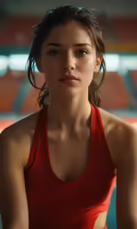 a woman in red shirt with a tennis racket