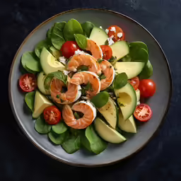 a plate with salad made of avocado and salmon