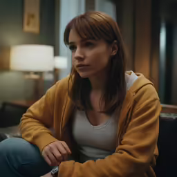 a woman is sitting down wearing a yellow jacket