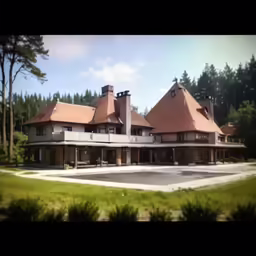 a building in the foreground, with an open area, behind it are trees and a blue sky