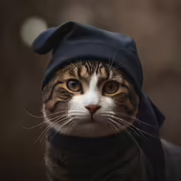 a cat wearing a black hat with a black hoodie