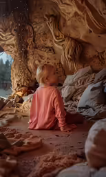 a child sits on a bed in an outdoor bedroom