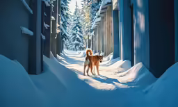 two brown dogs walking through a path of snowy streets