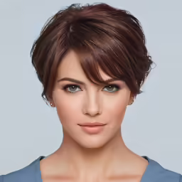 an attractive woman wearing short brown hair and blue eyes