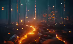 the dark forest is filled with glowing lights
