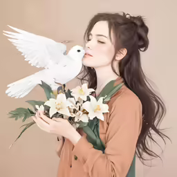 a girl with her long brown hair, holding flowers and a white dove