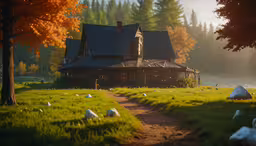 a small house with a path leading to the house,a country house surrounded by some trees and flowers