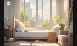 a bed with a chair next to it and large windows in a room