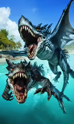 two large dinosaurs are swimming in the water