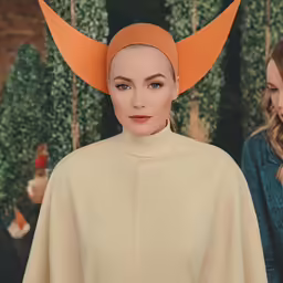 a woman in a brown hat with orange horns on her head