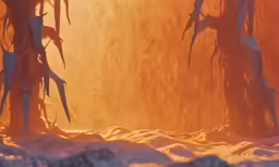 ice - covered branches and snow - covered ground silhouetted against an orange sky